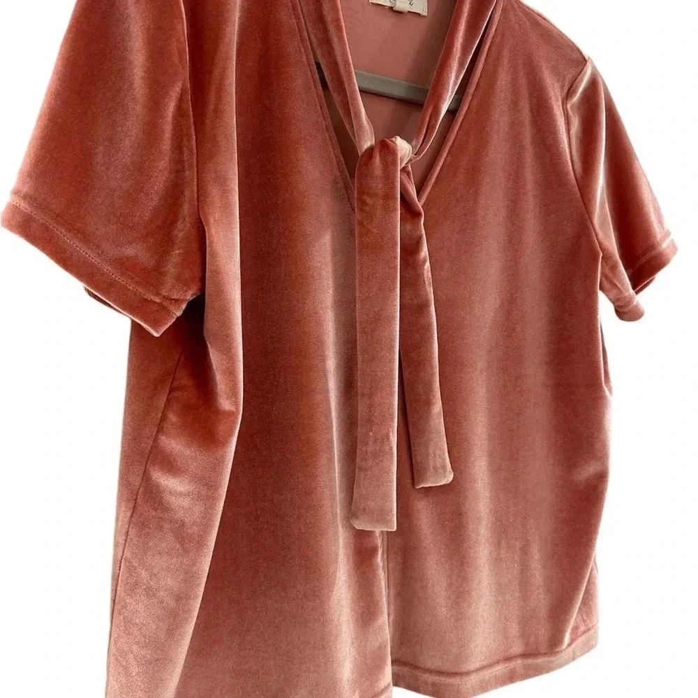 Madewell Velvet Tie Neck Top Dried Coral Short Sleeve Women’s Size Medium EUC - Picture 3 of 7